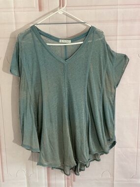 We The Free Washed Sage V-Neck Draped Short Sleeve Top